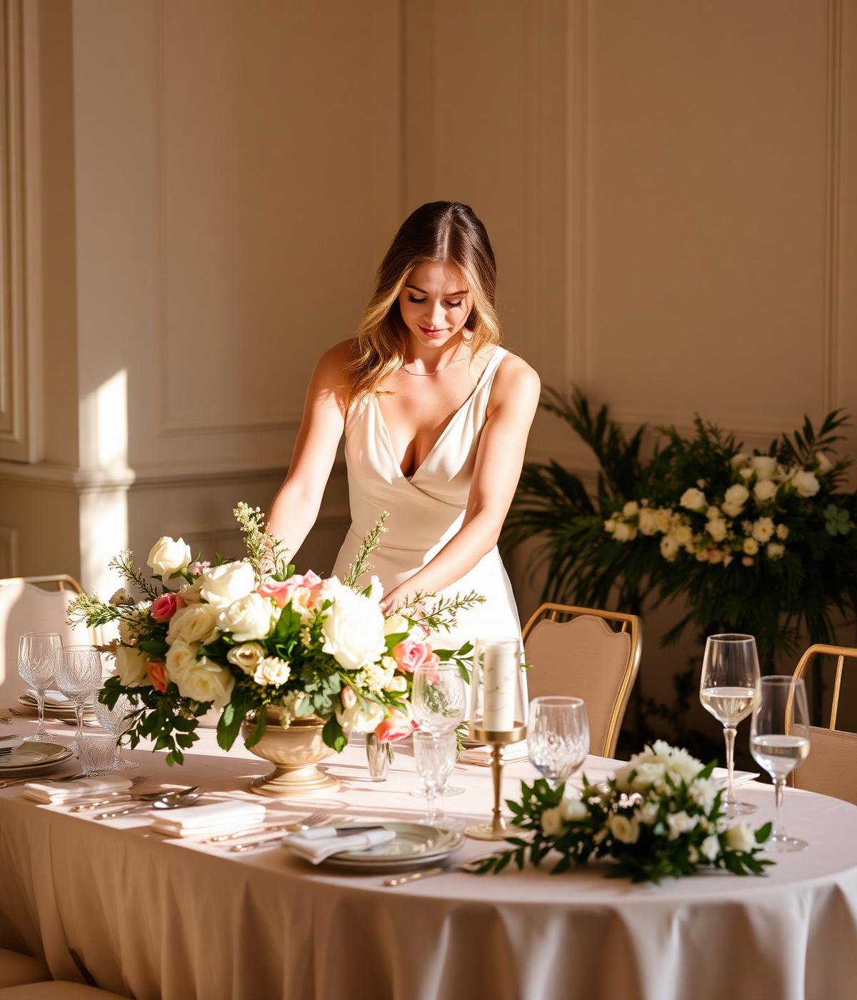 Host styling a luxury event table with florals