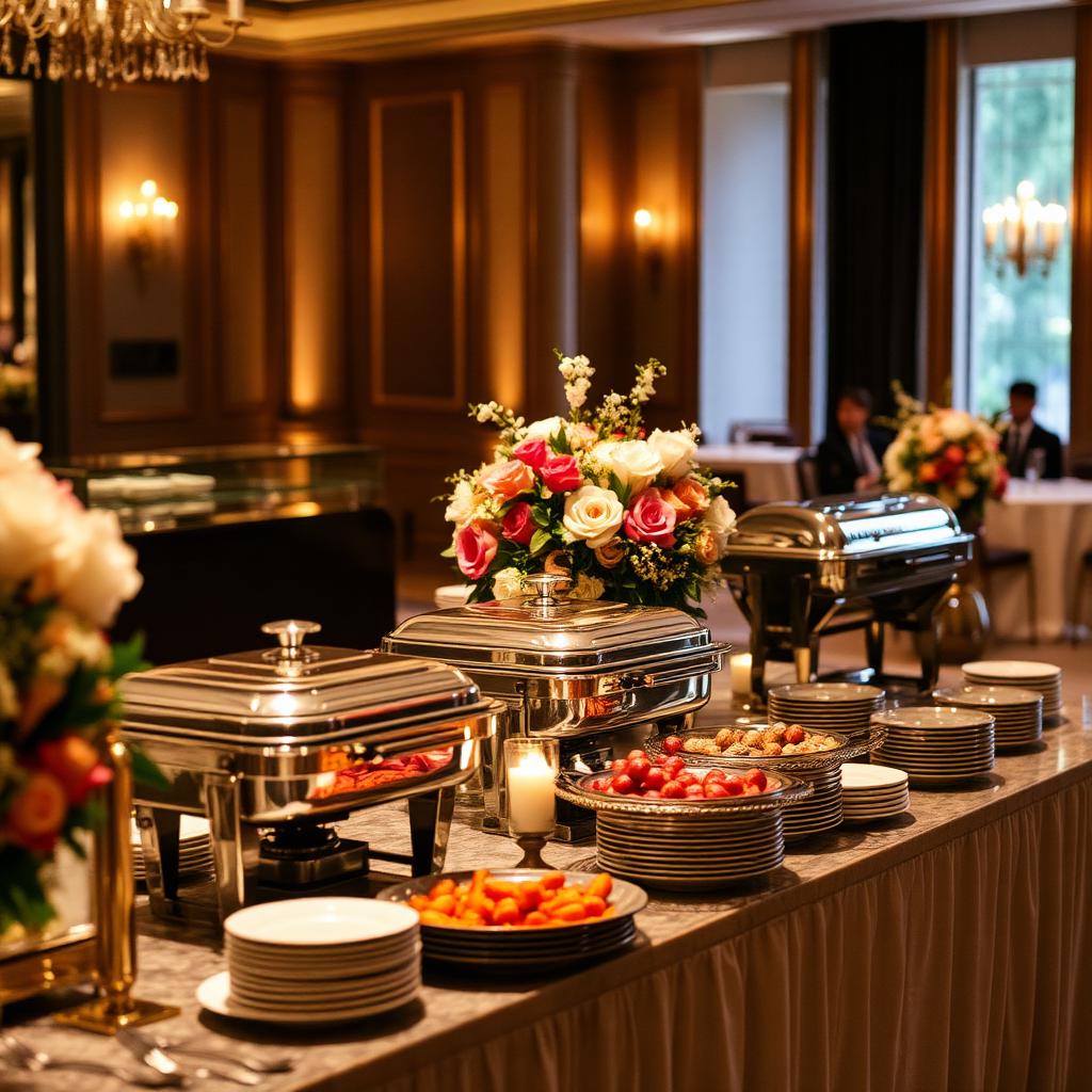 Luxury buffet serving station with chafing dishes