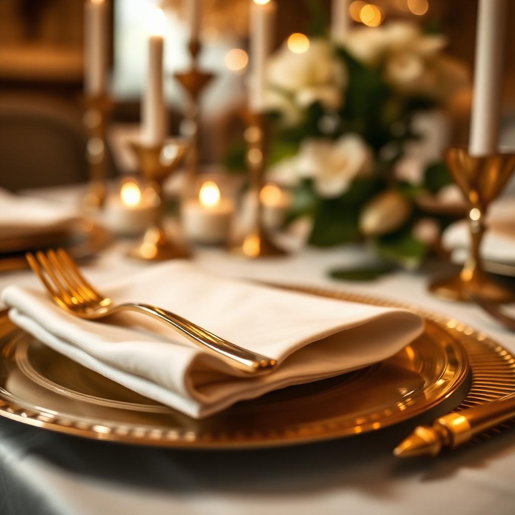 Closeup of gold charger plate place setting with candlelight