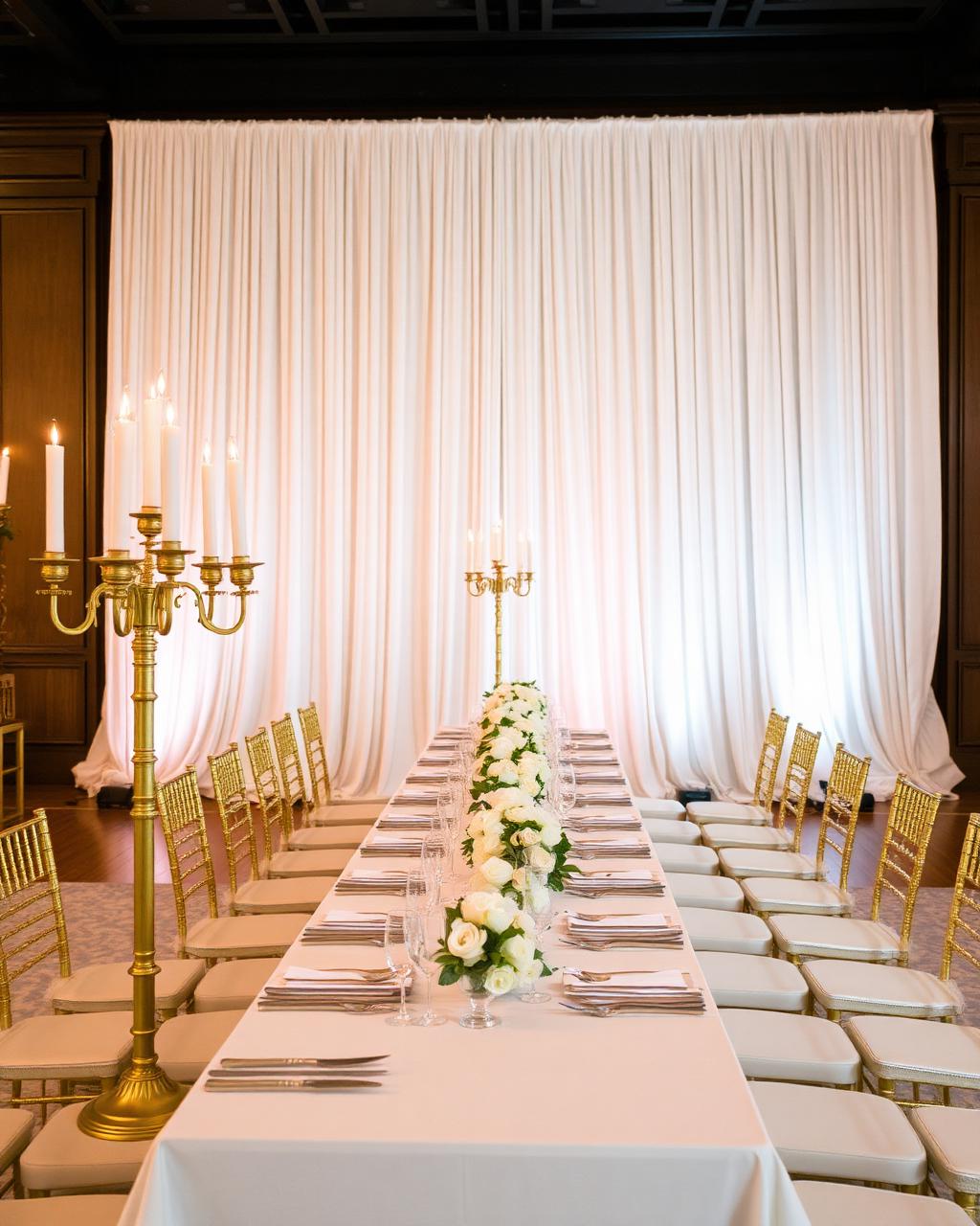 Luxury wedding reception with white florals and gold candelabras